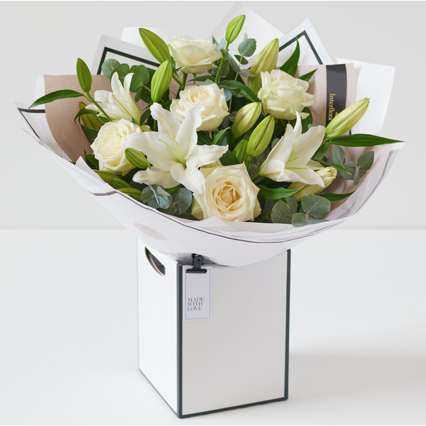 Birthday White Rose and Lily Bouquet